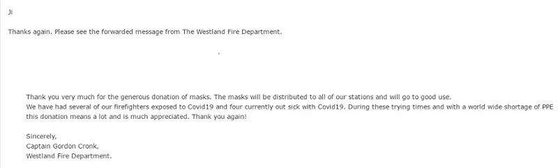 Letter of Thanks from The Westland Fire Department